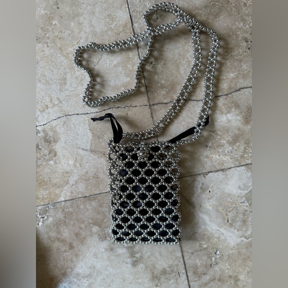 Ladies, black and silver beaded iPhone holder long purse handle top fasten. - Picture 5 of 13